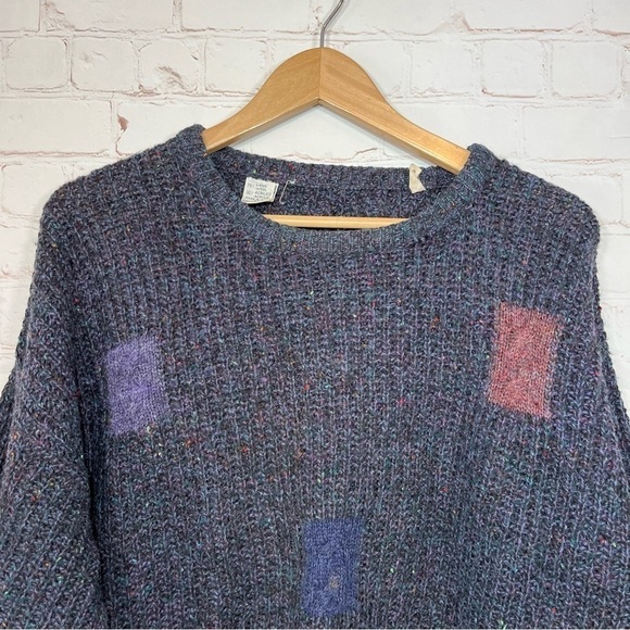 Vintage Italian Wool Sweater Mens Medium Blue Patchwork Cable Knit 90s - Picture 2 of 13